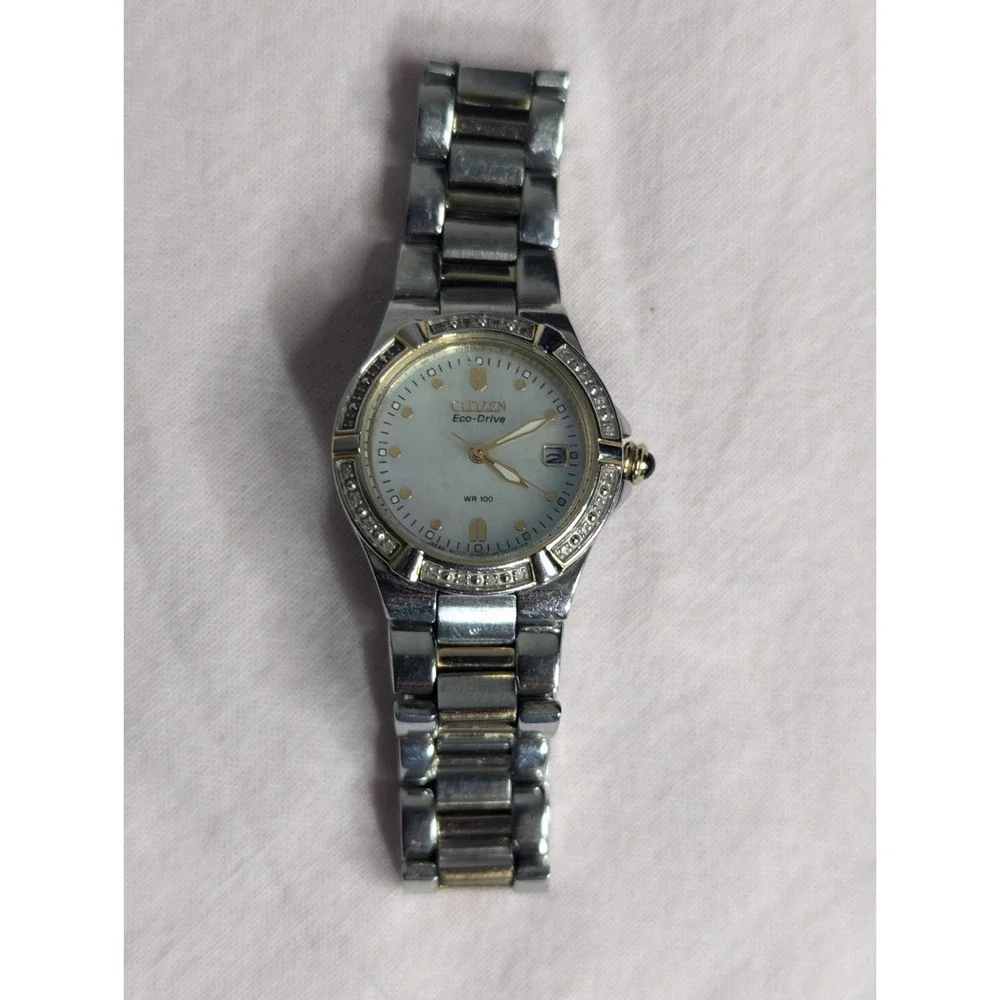 WORKING Citizen Eco-drive‎ Diamond accent 2 tone Womens mother of pearl Watch